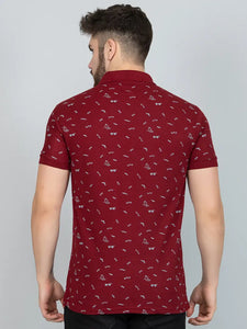 Ekom Men Regular Fit Polo Tshirt | Cotton Matty Polo Neck All Over Printed T-Shirt | Polo Tshirt for Men - Maroon