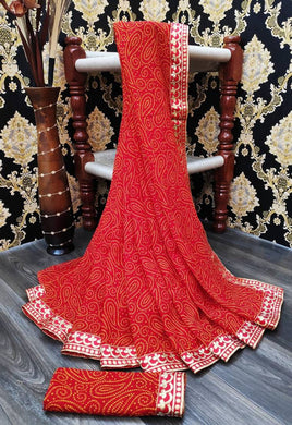 Stylish Red Georgette Printed Saree with Blouse piece