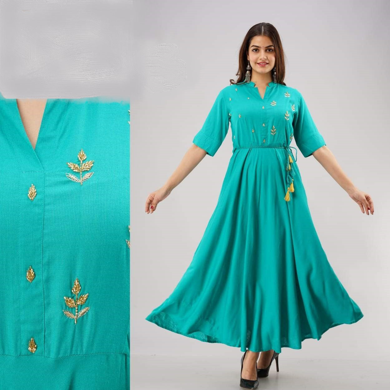 Long Gown kurti in Rayon with hand embroidery, dori belt with tassel elbow sleeve in 3 colors - SVB Ventures 