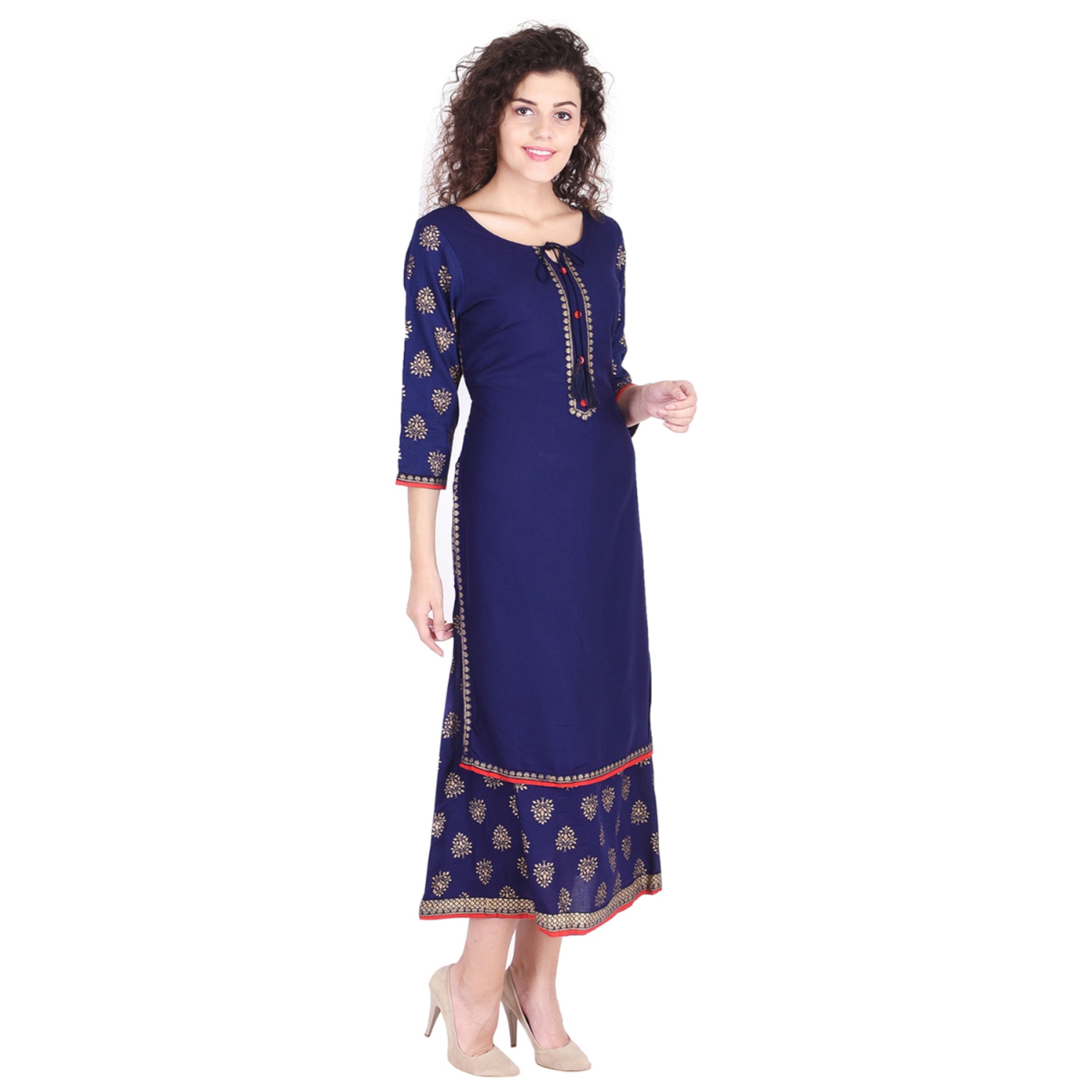 Women's Rayon Printed Double Layered Blue Kurti - SVB Ventures 