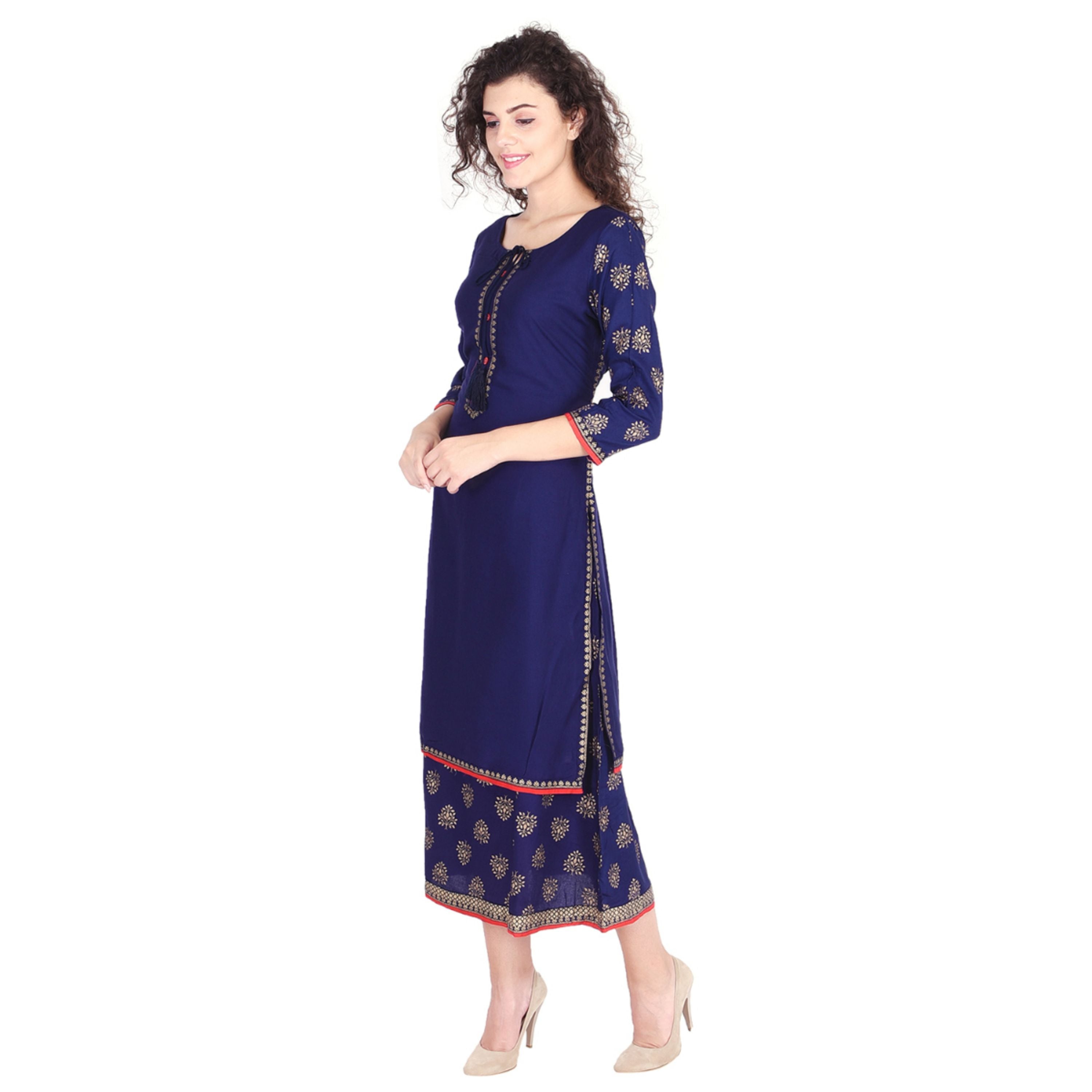 Women's Rayon Printed Double Layered Blue Kurti - SVB Ventures 