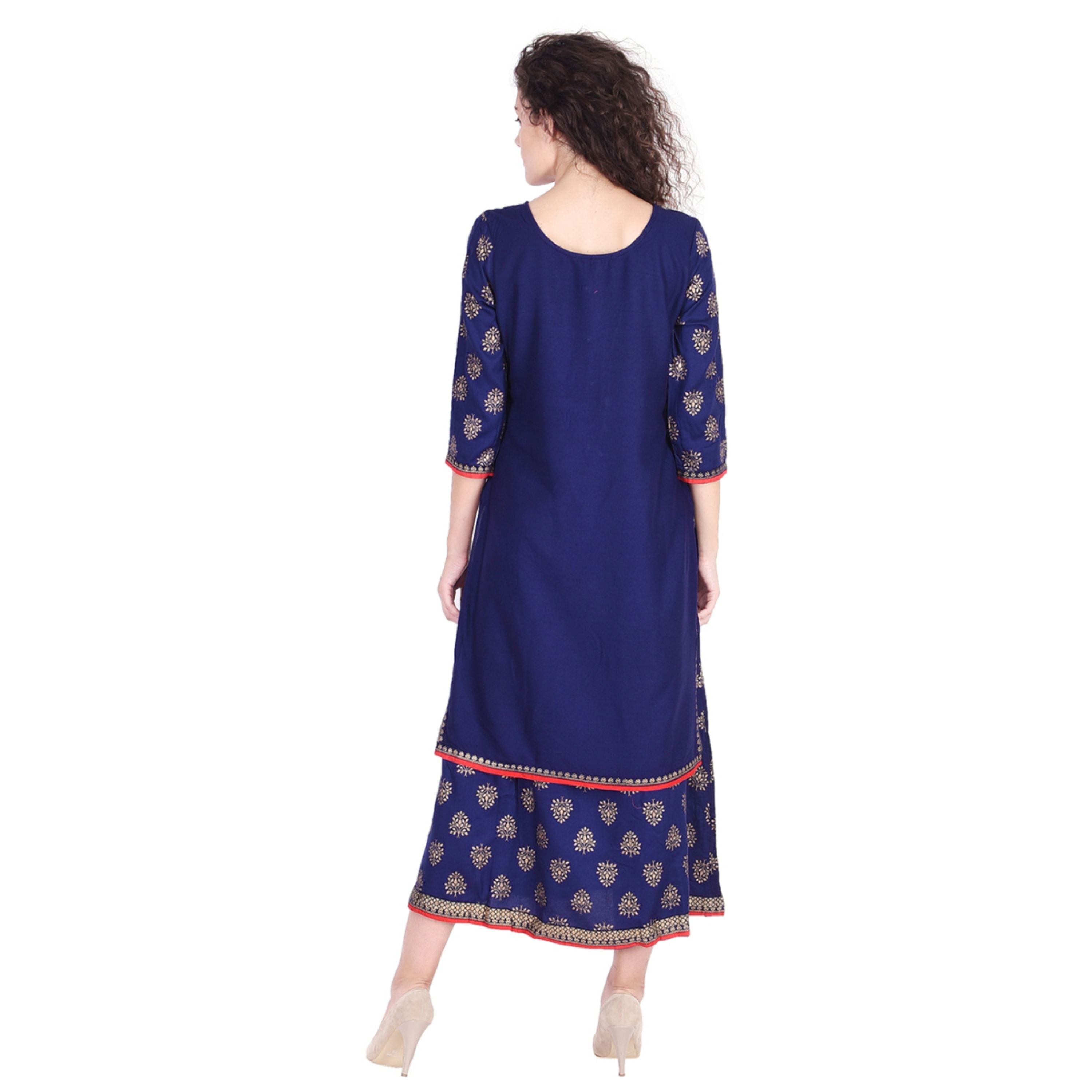 Women's Rayon Printed Double Layered Blue Kurti - SVB Ventures 